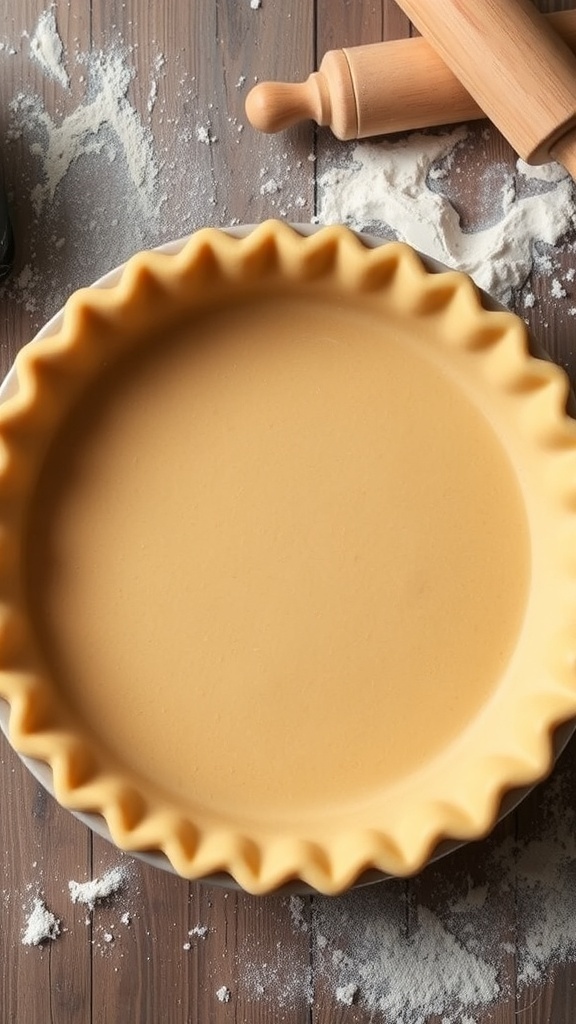 A golden-brown 9.5 inch pie crust in a ceramic dish, ready for filling, on a rustic kitchen countertop.